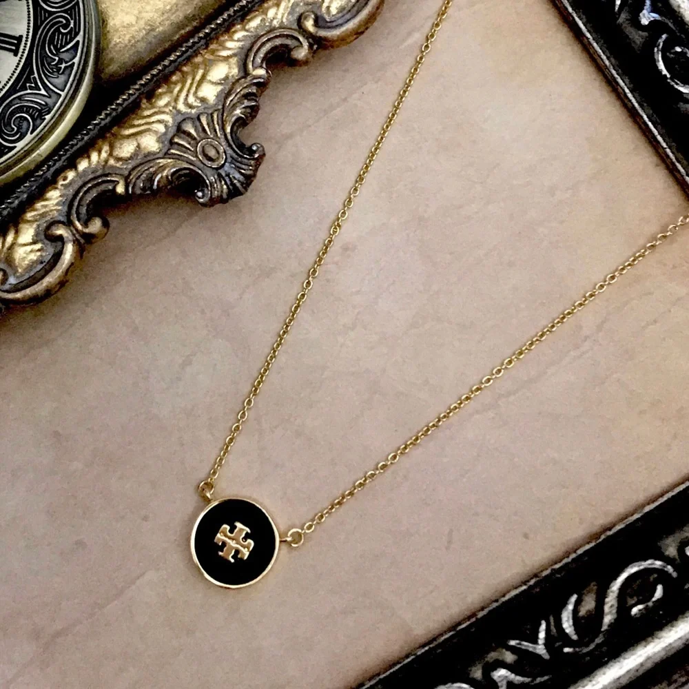 TORY BURCH • Black Raised Enamel Logo Pendant Necklace